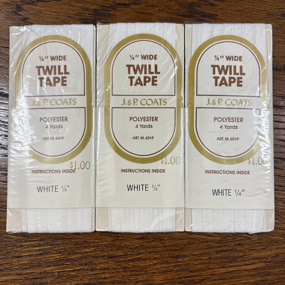 New 3 Pack Old Stock Vintage J&P Coats White 1/4" Twill Tape Polyester 4 Yds